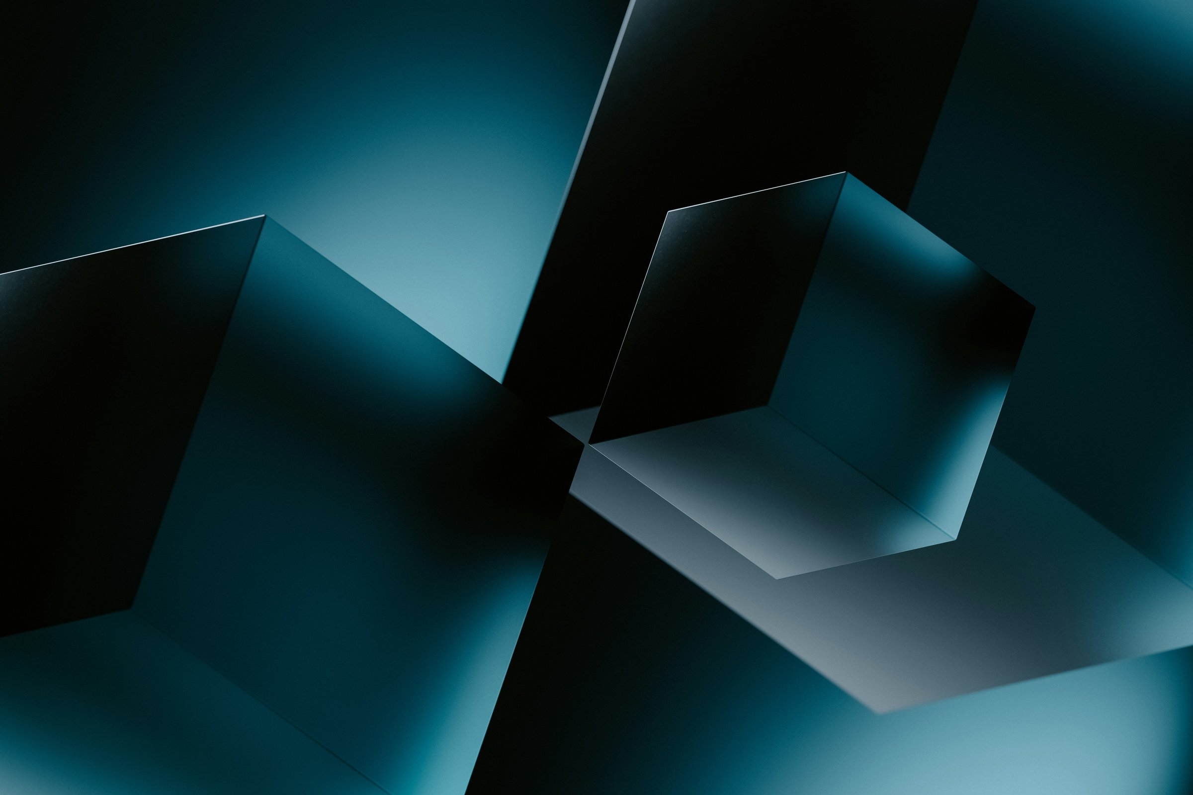 Dark faceted geometric structures representing structured digital architecture